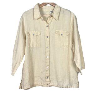 Chico’s Linen Shirt Size 2 Boyfriend Style Butter Yellow Blouse‎ 3/4 Sleeves
